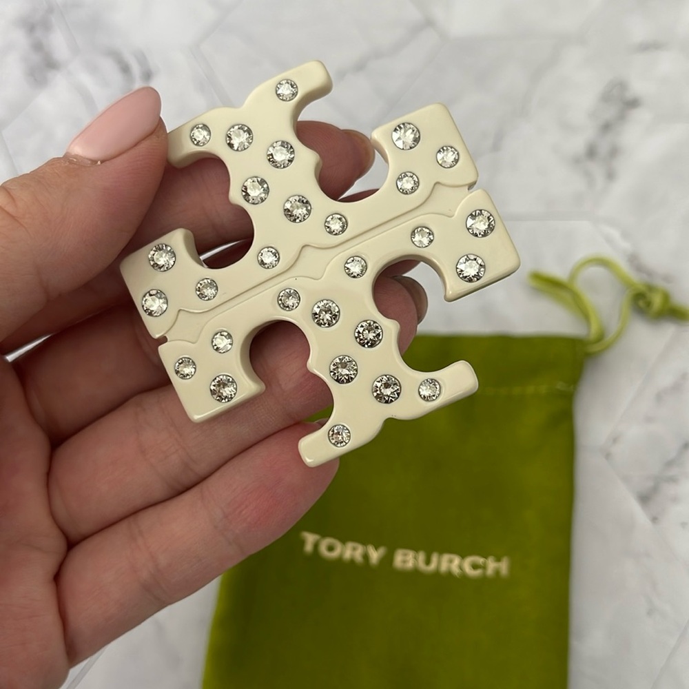 $295 New, Authentic TORY BURCH White Hair Pin Clasp Fastener TB Logo Crystals